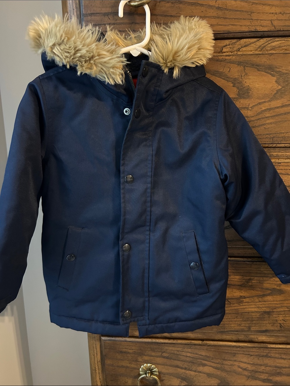 The Children's Place Toddler Navy Hooded Puffer Jacket with Faux Fur Trim,4T